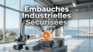 Un bras robotique de précision place un engrenage dans une machine, illustrant le cabinet de recrutement à Marseille pour l'industrie.